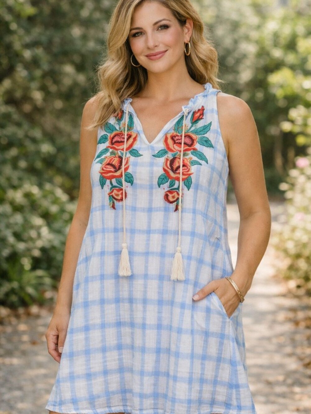 THML Light Blue and White Ruffled Neckline Embroidered Dress | Medium